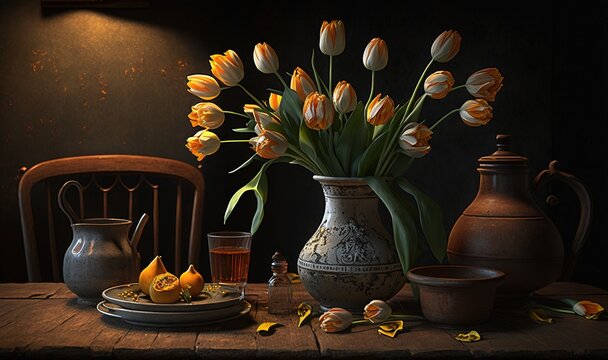  a painting of a table with a vase of flowers and a plate of food on it and a pitcher of oranges and a pitcher.  generative ai