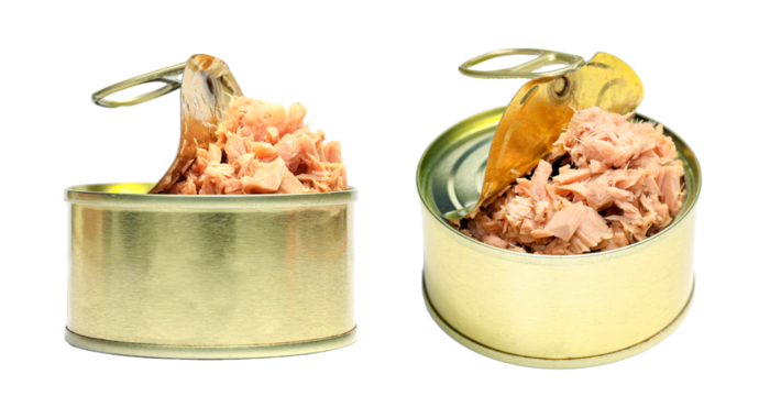 Closeup top view and side view open can of preserve food, tuna flakes in round golden cans blank label isolated on white background, copy space. Preserve food canned concept.