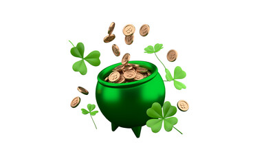 Celebrating St. Patrick's Day. Pot of gold with clover and gold coins isolated on white background. 3d rendering