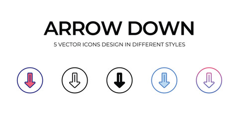 arrow down Icon Design in Five style with Editable Stroke. Line, Solid, Flat Line, Duo Tone Color, and Color Gradient Line. Suitable for Web Page, Mobile App, UI, UX and GUI design.
