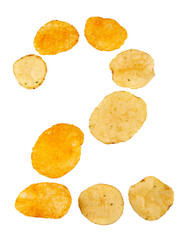 Number 2 made of potato chips and isolated on transparent png background. Food numeral concept. One number of the set of potato chip font easy to stacking.