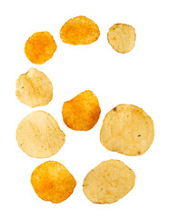 Number 6 made of potato chips and isolated on transparent png background. Food numeral concept. One number of the set of potato chip font easy to stacking.