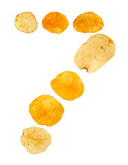 Number 7 made of potato chips and isolated on transparent png background. Food numeral concept. One number of the set of potato chip font easy to stacking.