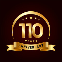 110th Anniversary logo design with golden ribbon. Logo Vector Template Illustration