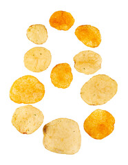 Number 8 made of potato chips and isolated on transparent png background. Food numeral concept. One number of the set of potato chip font easy to stacking.