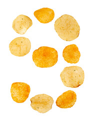 Number 9 made of potato chips and isolated on transparent png background. Food numeral concept. One number of the set of potato chip font easy to stacking.