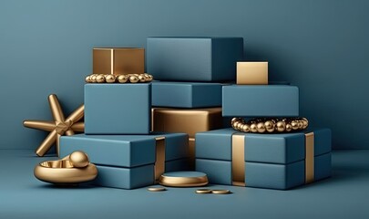  a stack of blue boxes with gold ornaments on them and a star in the middle of the box, with a blue wall behind it.  generative ai