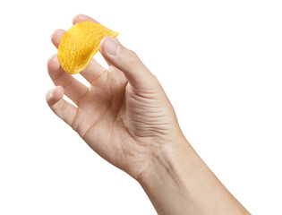 Hand holding potato chips cut out