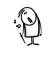 Unhappy musical artist holds a stick and look sad on notes.