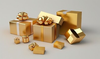  a group of gold presents with bows and bows on them, all wrapped in gold paper and tied in gold ribbon, on a gray background.  generative ai