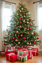 Fototapeta na wymiar IA arbol de navidad con regalos, luces y otros objetos. La magia de la Navidad en nuestro árbol