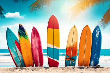 colorful surfboards standing in tropical beach sand with ocean in the background. generative AI - obrazy, fototapety, plakaty