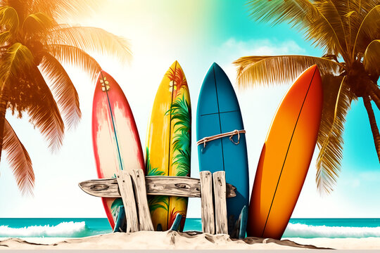 Colorful Surfboards Standing In Tropical Beach Sand With Ocean In The Background. Generative AI