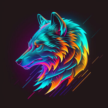 colorful neon wolf, Generative AI