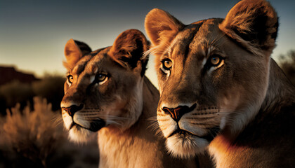Lions,from below, side view, golden hour,National Geographic,