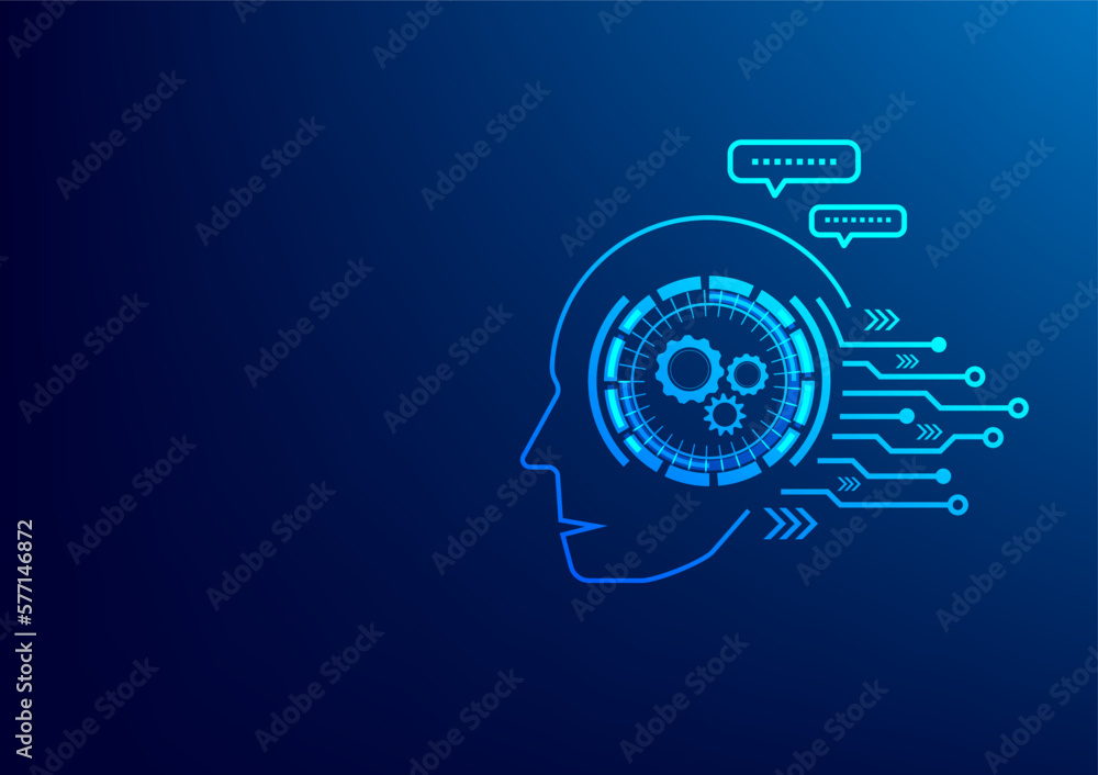 Poster artificial intelligence concept. chat gpt, chat bot. cyber and circuit board human brain. blue backg