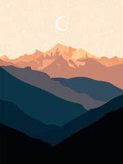 Mountain landscape of a canyon with a dawn and a starry sky with a moon.