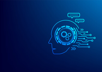 Artificial intelligence concept. Chat gpt, Chat bot. Cyber and circuit board human brain. Blue background technology.