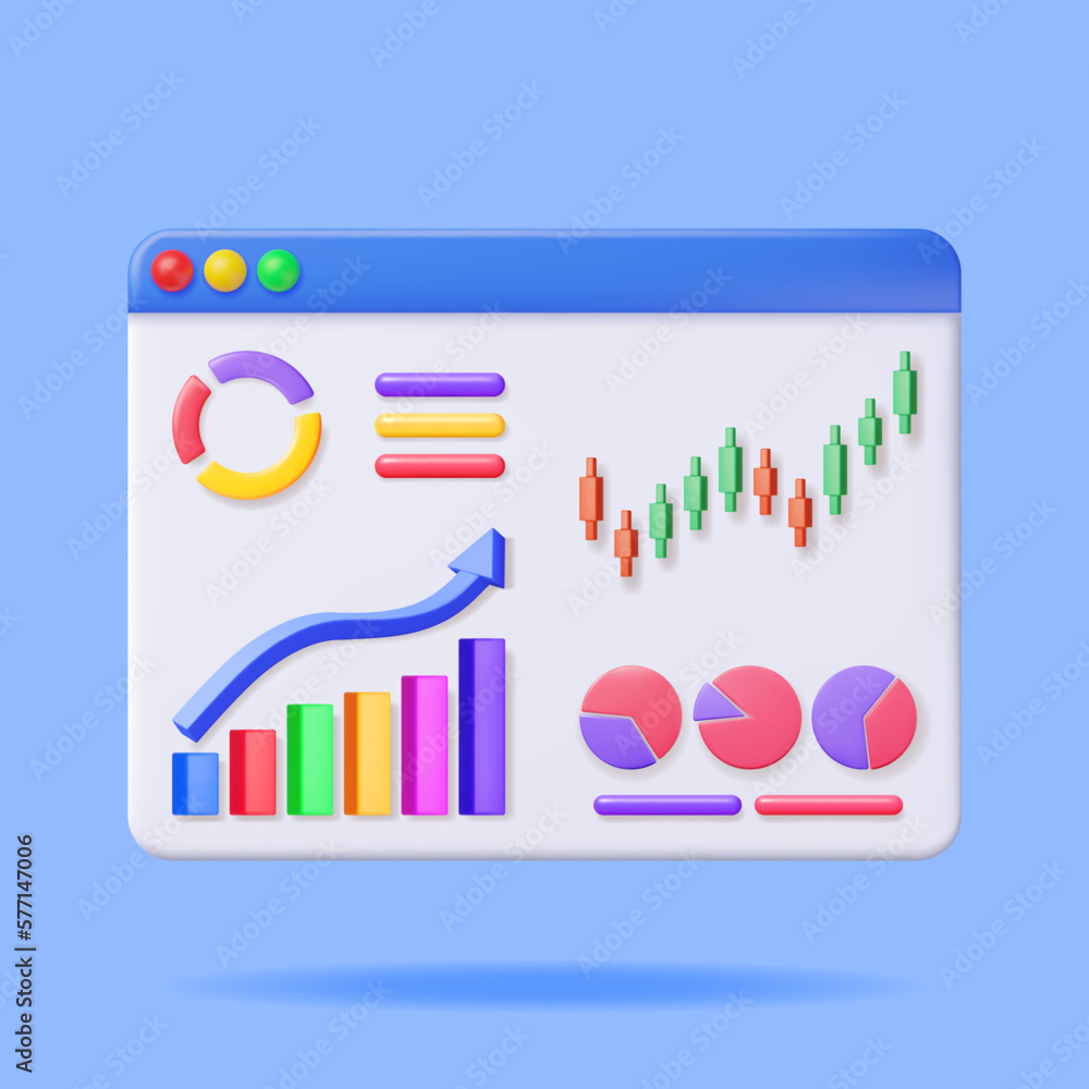 Poster 3d growth stock chart and arrow in browser window. render stock arrow with money on monitor shows gr