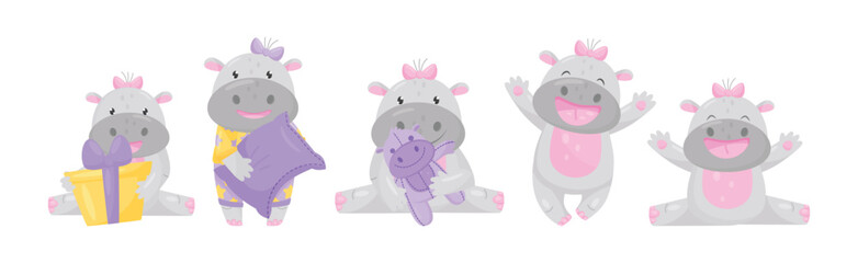 Cute Hippo Baby Girl Character with Stocky Body Engaged in Different Activity Vector Set