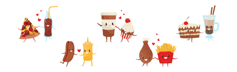 Cute Comic Food Characters in Pair Feeling Love Vector Set