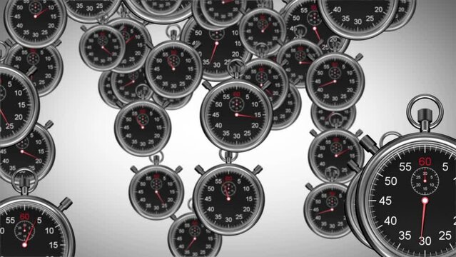 Animation of floating second clocks over grey background