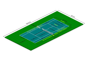 Tennis court dimensions diagram in meters. Isometric view of a standard-size tennis court. Vector.