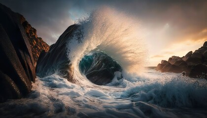 Waves crashing on rocks, generative AI