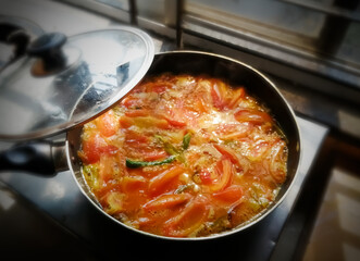 Tomato curry or chutney, A Indian or bangladeshi vegetarian hot and spicy Masala recipe. Tomato vorta, traditional tasty food in Bangladesh.