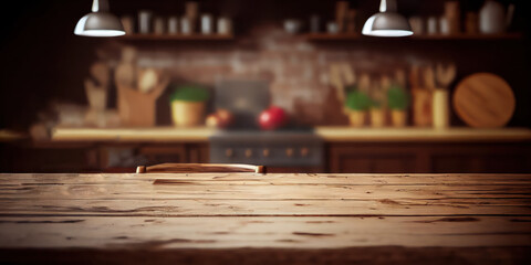 Obraz na płótnie Canvas table en bois pour la présentation de produits avec arrière-plan légèrement flou. Décor intérieur d'une cuisine rustique 