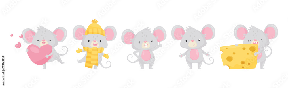 Aufkleber grey mouse character with huge ears engaged in different activity vector set