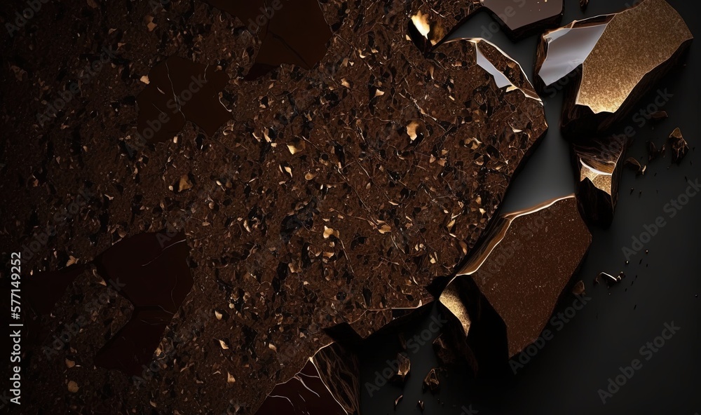 Poster a piece of chocolate that has been broken in half and is laying on the ground with a black backgroun