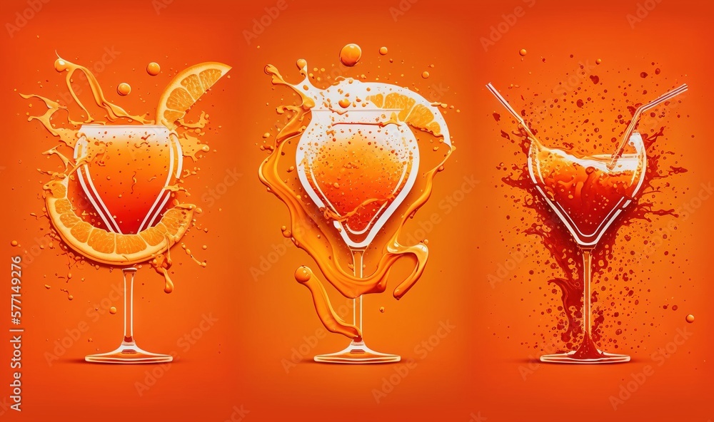 Poster a set of three glasses of orange juice with splashes and a slice of lemon on an orange background wi