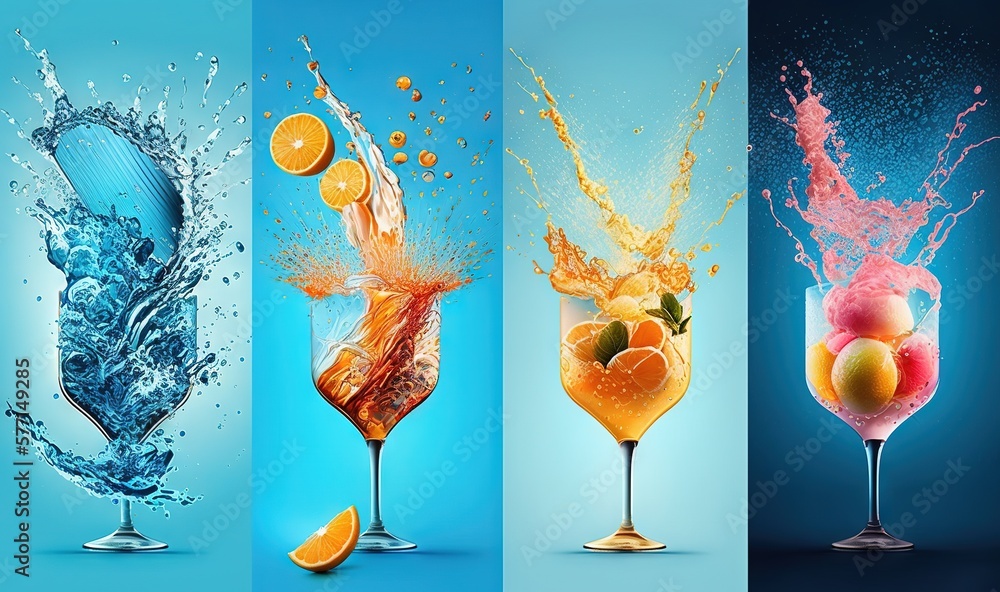 Poster a series of three images of different drinks with splashes of water and oranges in glasses with spla