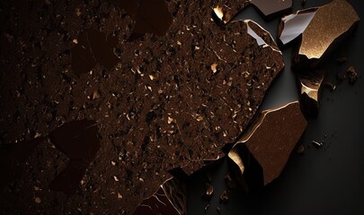  a piece of chocolate that has been broken in half and is laying on the ground with a black background with gold foiling on it.  generative ai