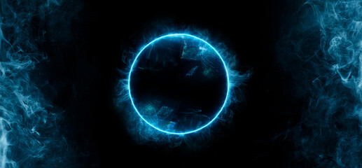 Neon blue color geometric circle on a dark background. Round mystical portal. Mockup for your logo. Futuristic smoke. Mockup for your logo.