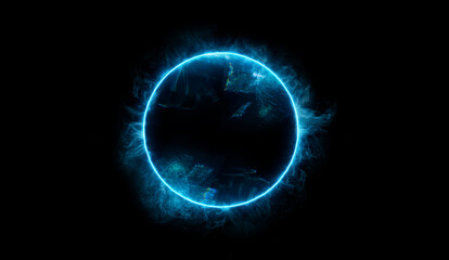 Neon blue color geometric circle on a dark background. Round mystical portal. Mockup for your logo. Futuristic smoke. Mockup for your logo.