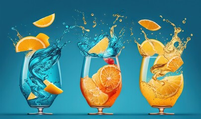  a group of three glasses filled with water and orange slices with splashing water on top of the glasses and on the bottom of the glasses.  generative ai