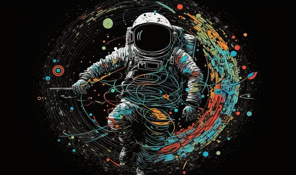  a man in a space suit with a paint splattered background and circles around him, with a space shuttle in the center of the image.  generative ai