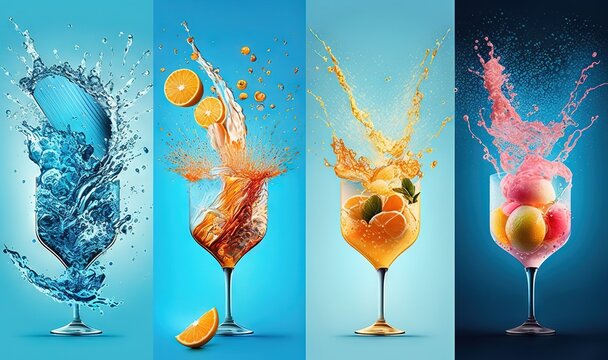  a series of three images of different drinks with splashes of water and oranges in glasses with splashes of water and oranges.  generative ai