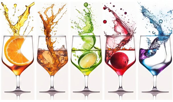  a group of glasses filled with different colored liquids and fruit in different shapes and sizes, all with splashes of water on them.  generative ai
