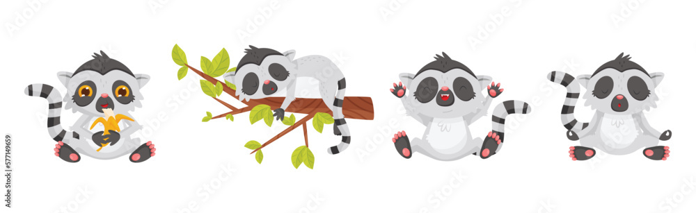 Poster funny lemur cub with striped tail engaged in different activity vector set