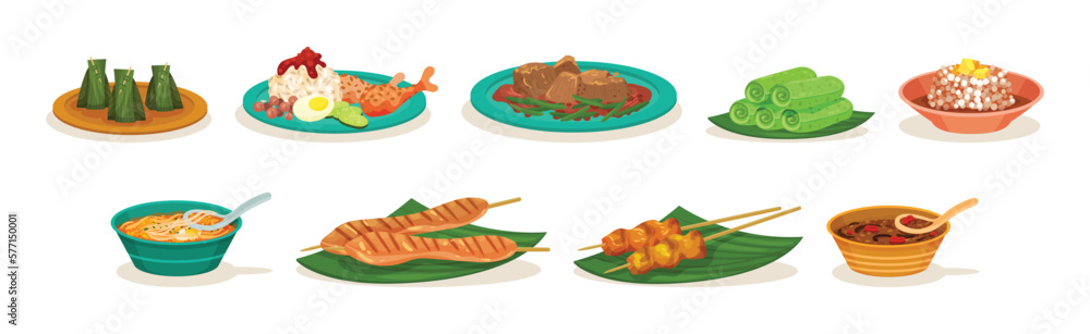 Sticker traditional malaysian dishes and served food vector set