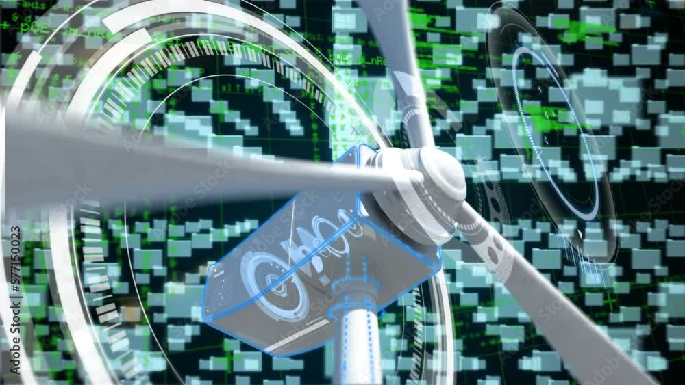 Poster animation of moving wind turbine over data processing on black background