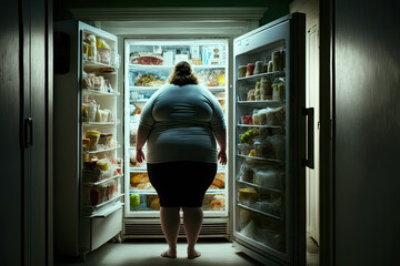 Generative Illustration Ai of a plus size woman looking at food in the fridge at home - obrazy, fototapety, plakaty