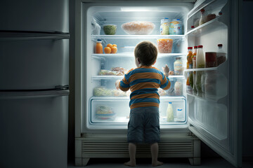 Generative AI Illustration of a boy opening the fridge to eat something at night