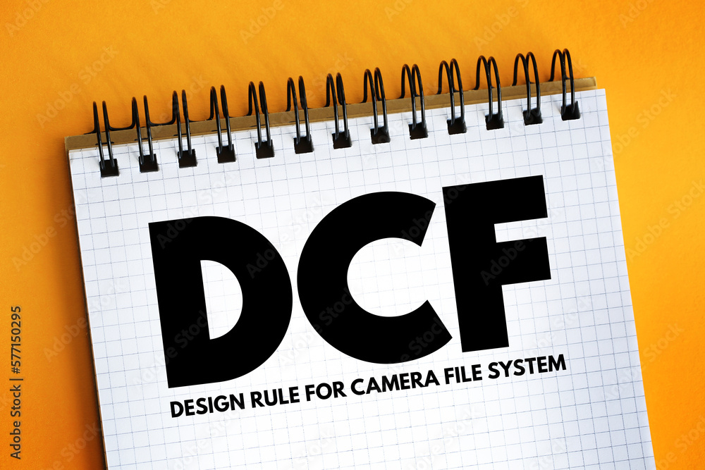 Poster dcf - design rule for camera file system acronym text on notepad, abbreviation concept background