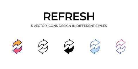 refresh Icon Design in Five style with Editable Stroke. Line, Solid, Flat Line, Duo Tone Color, and Color Gradient Line. Suitable for Web Page, Mobile App, UI, UX and GUI design.