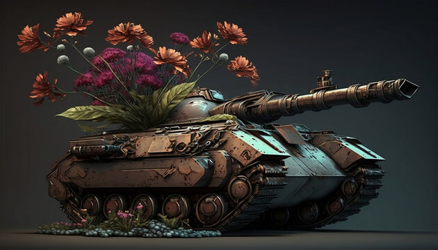 Tank with flowers on the cannon to symbolize peace.  Stop war.  War concept.  Peace concept.  AI generative illustration.