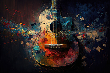 Fototapeta na wymiar Abstract acoustic guitar painting musical instrument colorful brushes wallpaper made by generative ai